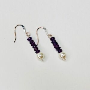 HAND CRAFTED EARRINGS Amethyst and Pearl Purple Dangle Drop NWT